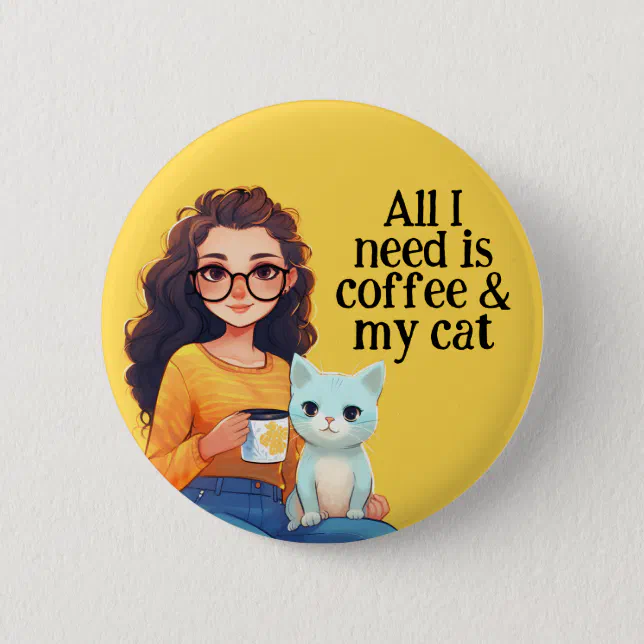 Happiness is Coffee & Cat Cute Yellow Button