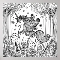 Color Me Page | Unicorn in a Magical Forest Poster