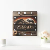 Custom Wooden Sign With Horse and Barn in Sunset Square Wall Clock