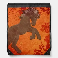 Majestic Horse in Asian Floral Tapestry Drawstring Bag