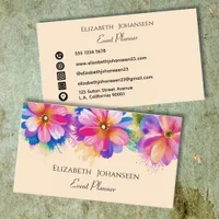 Colorful Watercolor Flowers Beige Black Typography Business Card