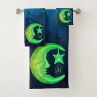 Magical Shining  Moon  Prussian Blue - Monogrammed Bath Towel Set