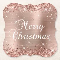 Glittery Rose Gold Foil Merry Christmas Paper Coaster