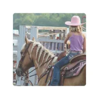 Adorable Rodeo Cowgirl, Little Girl on Palomino Metal Print