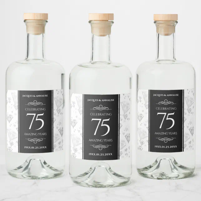 Elegant 75th Diamond Wedding Anniversary Liquor Bottle Label