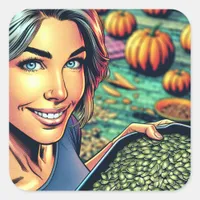 Woman with Tray of Pumpkin Seeds Halloween Square Sticker