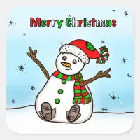 Merry Christmas Cute Plump Snowman Square Sticker