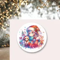 Anime Girl in Santa Hat Watercolor Christmas Classic Round Sticker