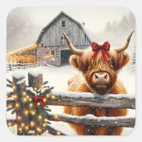 Vintage Farm and Cute Highland Cow Christmas  Square Sticker