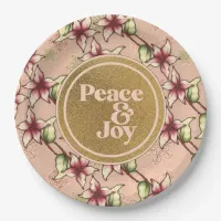 Peace & Joy, Pink and Gold Poinsettia Christmas Paper Plates