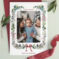 Red Bow Watercolor Wreath Christmas Photo Holiday Card