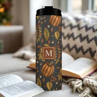 Fall Leaves Autumn Pumpkin Pattern Monogrammed Thermal Tumbler