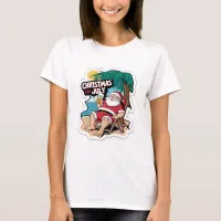 Festive Santa Claus Relaxing on Tropical Shore T-Shirt