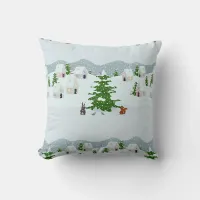 Winter village with snow, bunny, squirrel and pine throw pillow