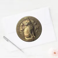 Gold Sitting Cat Medallion Classic Round Sticker