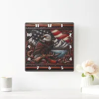 Majestic Eagle Overlooking Mountains and Flag Square Wall Clock