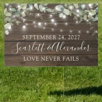 Eucalyptus String Lights Wood Wedding Announcement Sign