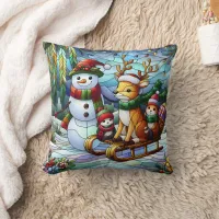 Winter wonderland with snowman and friends throw pillow