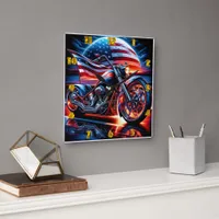 Custom motorcycle with an American flag at sunset Square Wall Clock