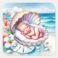 Baby Girl in a Seashell Baby Shower  Square Sticker