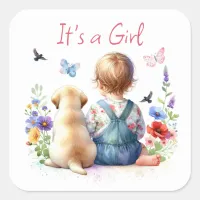 Baby Girl and her Puppy | It's a Girl Watercolor Square Sticker