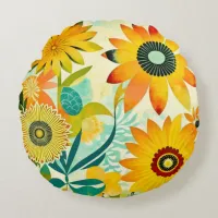 Pretty Folk Art Yellow Flowers   Round Pillow