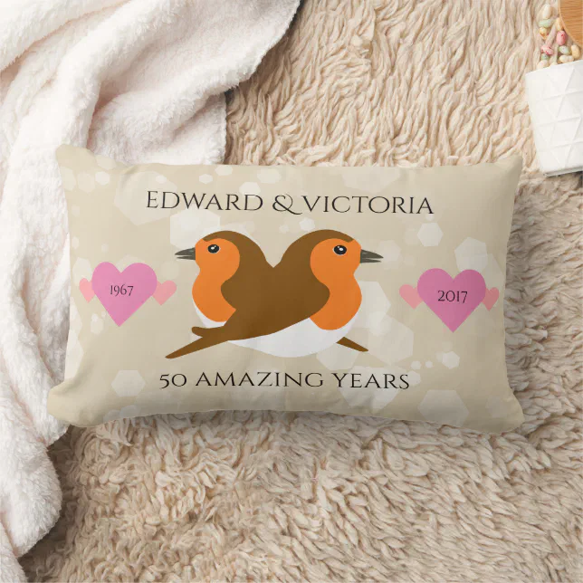 European Robins Lovebirds Any Anniversary Year Lumbar Pillow