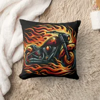 Fiery motorcycle with vibrant flames at dusk throw pillow