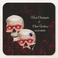 Scary red floral dark moody gothic skull halloween square paper coaster