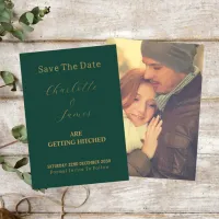Seasonal Couple Photo Gold Wedding Script Green Save The Date