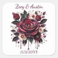 Burgundy Flowers, Foliage and Pearls Personalized  Square Sticker