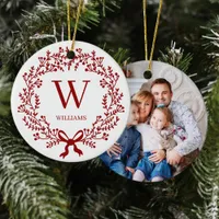 Christmas Botanical Wreath Monogram Photo Ceramic Ornament