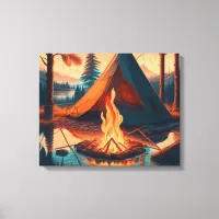 Tent and Campfire Vintage Colors Art Canvas Print