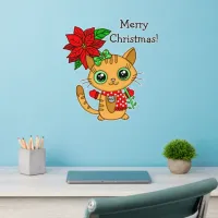 Cute Orange Cat with  Poinsettia Christmas Wall Decal