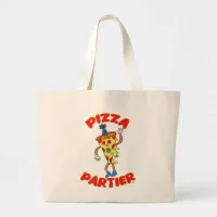 Pizza Partier Funny Cartoon Slice Logo Fun Large Tote Bag