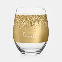 Glittery Gold Glam Name Stemless Wine Glass