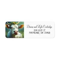 Cute White Ai Cow with Horns and Flowers Label