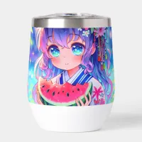 Cute Anime Girl Eating Watermelon on a Summer Day Thermal Wine Tumbler