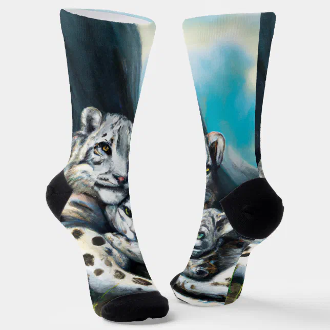 Mother Snow Leopard and Cub in the Mountains Socks