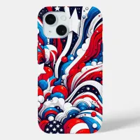 Red, White and Blue Abstract US Flag Patriotic  iPhone 15 Case