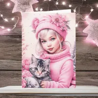Little Vintage Girl and Sweet Kitten Joyeux Noël Card