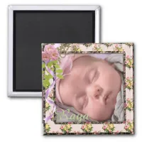 Pink & White Vintage Floral New Baby Photo Magnet