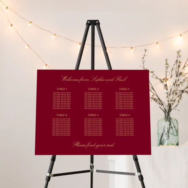 Burgundy Gold 6 Table Seating Chart Foam Board