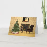 Cute Mouse Decorating a Christmas Tree Holiday Card