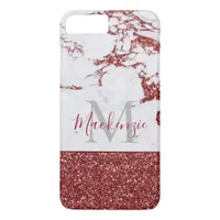 Chic Girly Burgundy Pink Glitter Marble Monogram iPhone 8 Plus/7 Plus Case