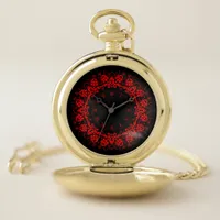 Romantic, Elegant Vintage Damask Red Goth  Pocket Watch