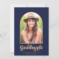 Modern Navy Blue Gold Arch Photo Graduation Party Invitation