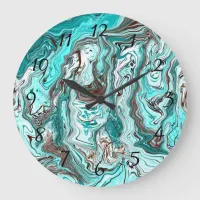Teal and Black Marble Fluid Art Large Clock