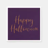 Modern Happy Halloween Orange Glitter on Purple Napkins