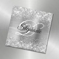 Sparkly Silver Glitter Foil Fancy Monogram Magnet